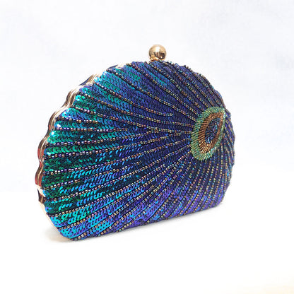 Teal Sequin Peacock Clutch with detailed beadwork design in feather shape, unique statement clutch bag elegant whimsical eclectic chic style by Montipi Australia