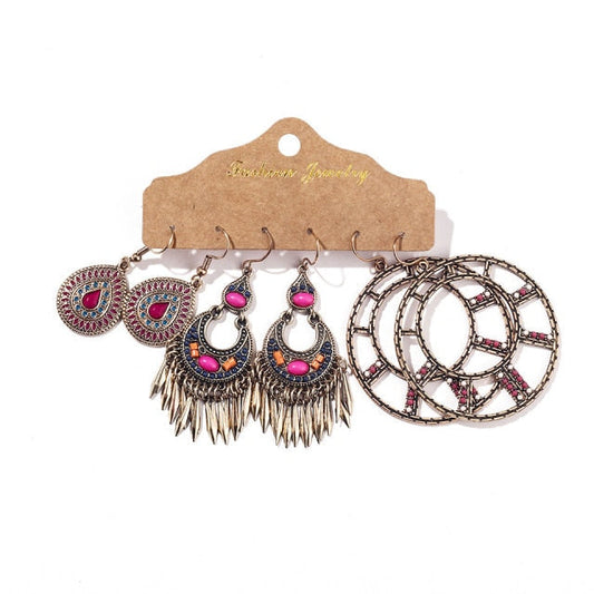 Vintage Boho Mandala Pink Ornament Loops Earrings Set Montipi