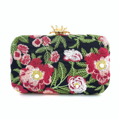 Embroidered Clutch with elegant florals in red with delicate pearls and gold clasp