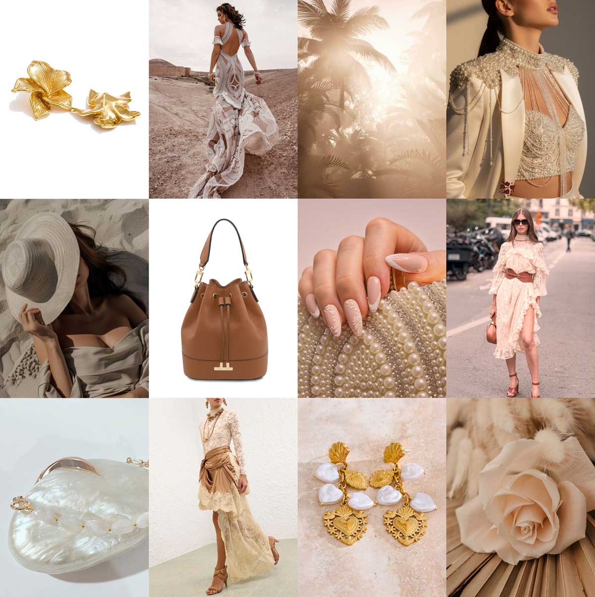 Boho luxe editorial collage featuring romantic neutral outfits, a cognac leather bucket bag, pearl clutch, gold statement jewellery, soft pink nails, flowing feminine silhouettes, and sunlit bohemian elegance.