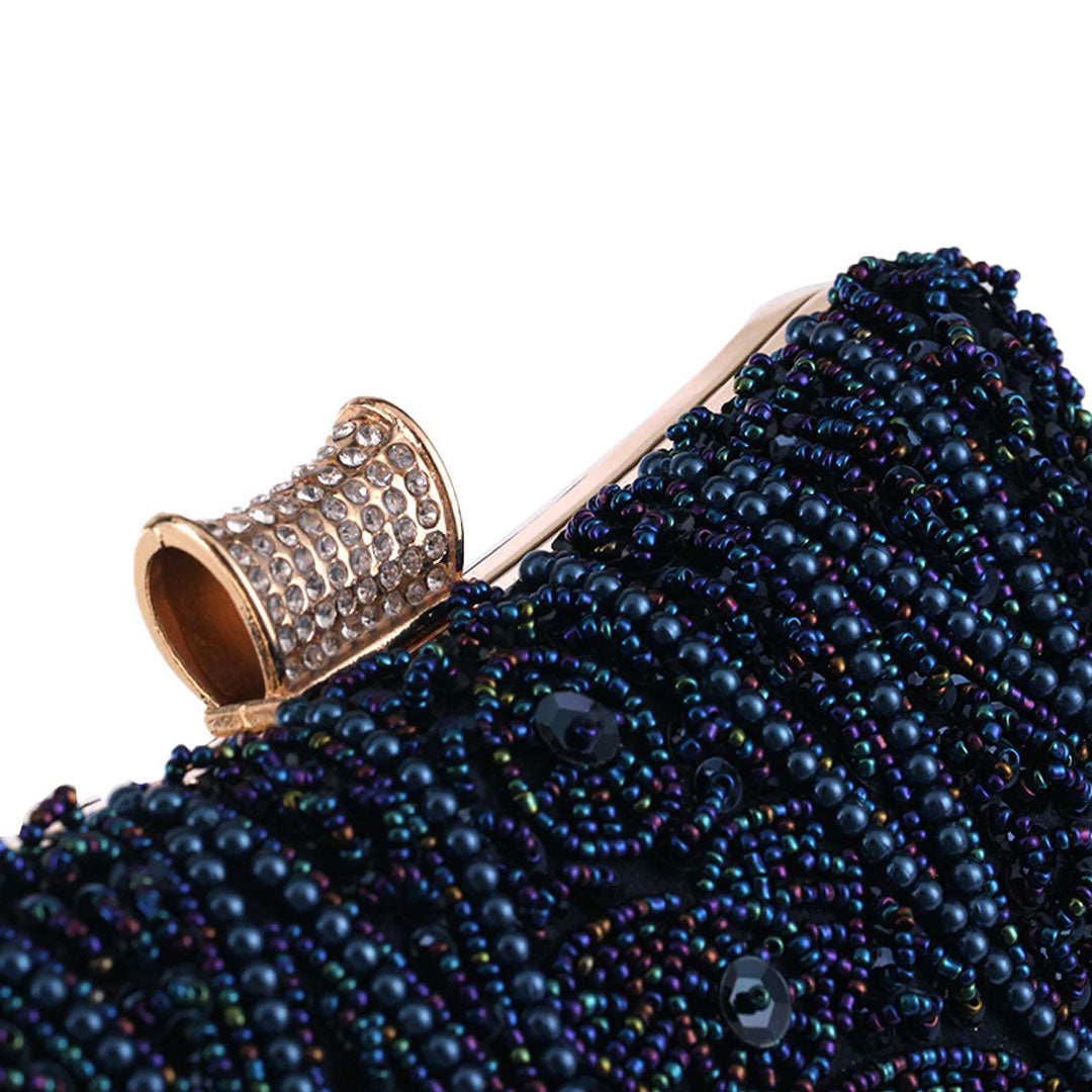 close up on the intricate bead work of the Elegant and Sophisticated London Blue Pearl Evening Clutch Bag by Montipi Australia