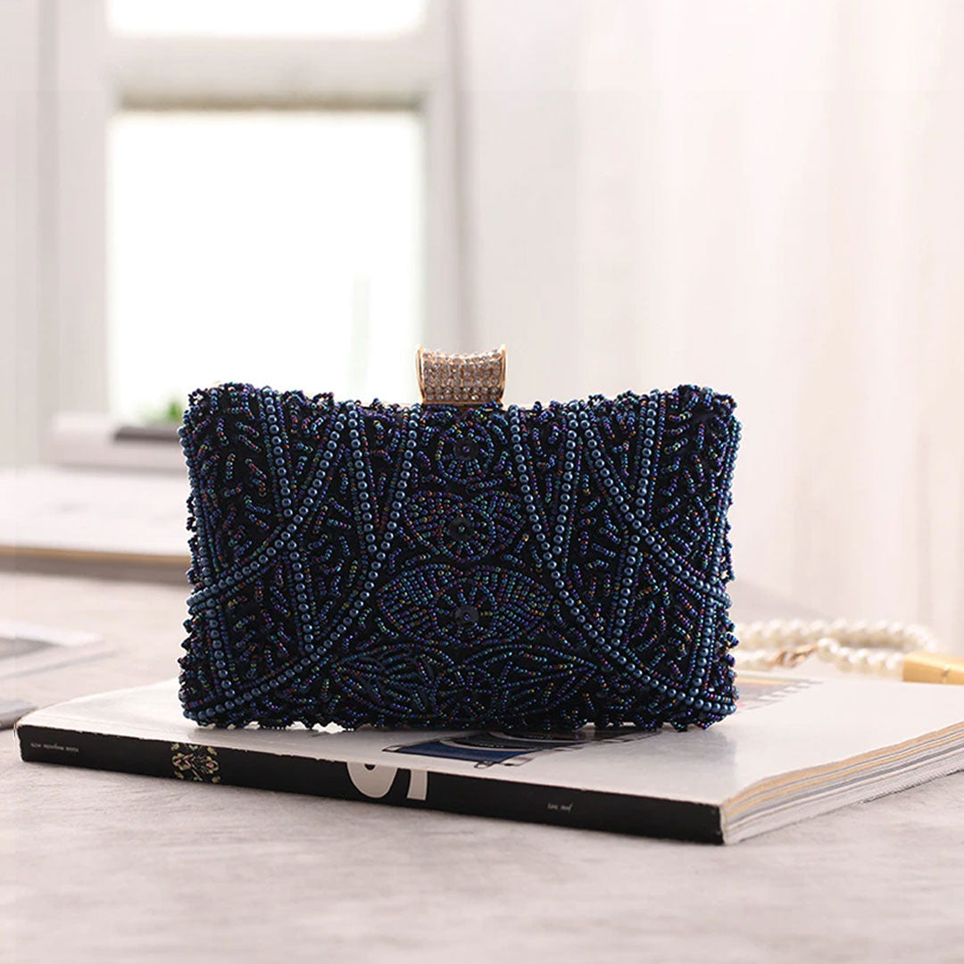 elegant couture display of the Sophisticated London Blue Pearl Evening Clutch Bag  by Montipi Australia