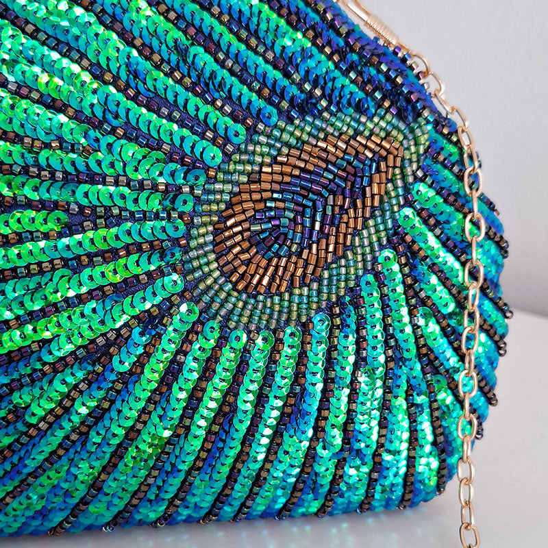 Teal Sequin Peacock Clutch Bag