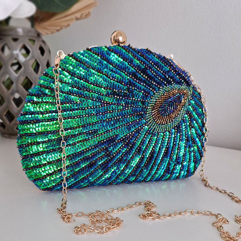 Teal Sequin Peacock Clutch Bag
