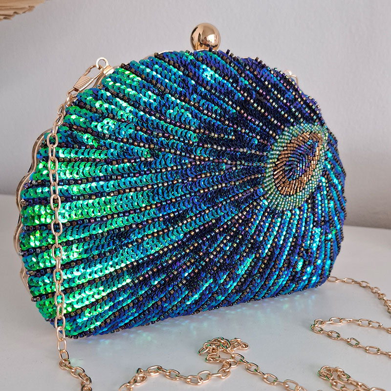 Teal Sequin Peacock Clutch Bag