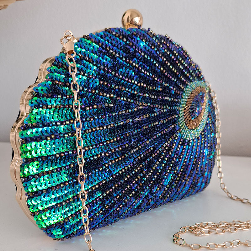 Teal Sequin Peacock Clutch Bag