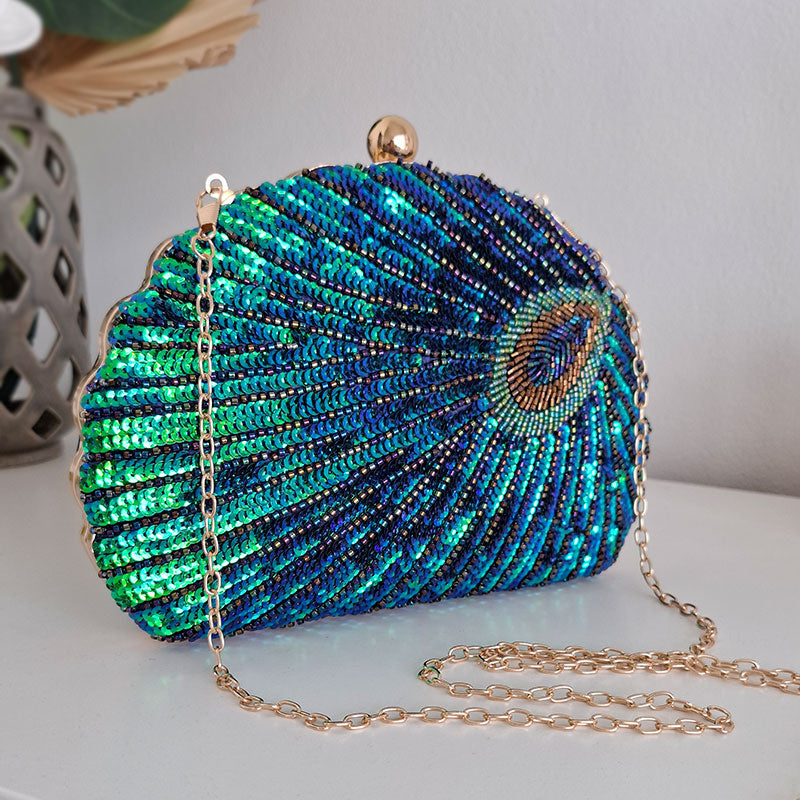 Teal Sequin Peacock Clutch Bag